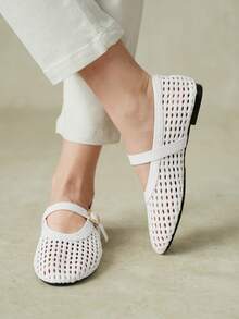 Styleloop Women Shoes French Minimalist Style Women Spring And Summer Commuting Hollowed Out Woven Single Metal Buckle Round Toe Low Vamp Breathable Fall Shoes - White - View 6