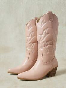Styleloop Women's Autumn/Winter Embroidered Western Leather Boots, Slip-On Pointed Toe Chunky Heel Mid-Calf Casual Knee-High Boots Fall Boots - Pink - View 3