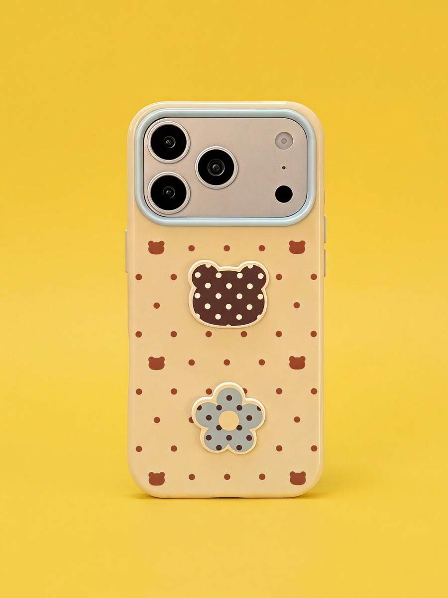 ShellaStory Cute Bunny And Bear Polka Dot Phone Case For Phone 18 Pro, Phone 16, 3D, Simple And Adorable, Soft Case For Phone 17 And 18. Features Include: Girly, Geometric, Cartoon Style, Color Blocking, Niche, Soft Girl - Yellow - View 1