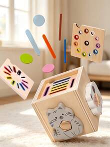 Montessori Wooden Activity Cube, Shape Sorting Toy With Animal Matching Color Sorting Sticks, Fine Motor Skills Educational Toy For Toddlers - Multicolor - View 11