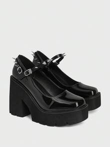 Sugerpunk Women Shoes Fashion Wedge Heel Platform Shoes, Punk Style Gothic Dark Heel Spike Inlay, Buckle Spike Inlay, Night Club Party Sexy Holiday Commute Easy - bright black - View 3