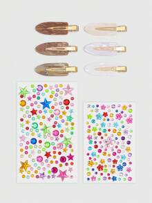 ROMWE Kawaii 6PCS Fashion Coffee DIY Rhinestone Hair Clips, Cute Flower & Star Sticker Decor Barrettes - coffee color - View 3