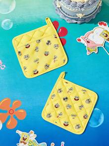 SpongeBob SquarePants | SHEIN 1件/2件裝可愛卡通印花廚房隔熱墊套組，隔熱墊，廚房烘焙必備，有效隔絕熱源，單件/組合 - 黃色 - 查看 1