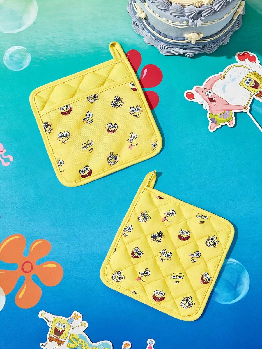 SpongeBob SquarePants | SHEIN 1件/2件裝可愛卡通印花廚房隔熱墊套組,隔熱墊,廚房烘焙必備,有效隔絕熱源,單件/組合 - 黃色 - 查看 1