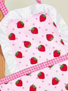 Strawberry Shortcake X SHEIN 1pc Cute Ruffled Strawberry Print Half Apron, Suitable For Cooking And Baking, Creative Gift - Pink - View 6