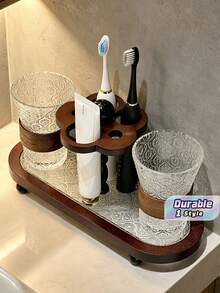 Tempat Penyimpanan Sikat Gigi & Pasta Gigi Gaya Kuno, Tempat Kumur Bergaya Retro yang Terintegrasi dengan Rak Meja Wastafel Kamar Mandi - Coklat - View 1