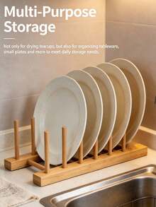 Bamboo Dish Plate Storage Rack Multi‑Functional Kitchen Desktop Drying Holder Drainage Cup Stand Tableware Organizer For Bowl Plate Teacup Tea Set Household Countertop Kitchen Storage Accessory Tabletop Sundries Holder - multicolor - View 2