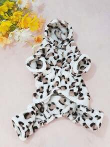 Pet Dog Cat Hooded Four Leg Jumpsuit, White Leopard Print Plush Puppy Outfit, Warm Winter Clothes For Small Pets XS-XL - Light leopard print - View 10