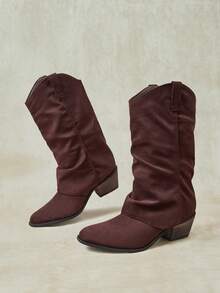 Styleloop Sepatu Boots Medium Musim Gugur/Dingin Warna Cokelat Tua Maillard Bahan Suede Lipit Berbulu Ujung Runcing Hak Tebal Gaya Vintage Lengan Longgar Western - Cokelat tua - View 7