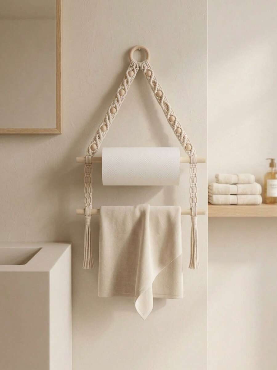 Cirelle Macrame Towel Holder Wall Hanging, 3-Tier Wooden Rod Blanket Ladder & Towel Rack, Boho Rope Wall Hanging Organizer For Bathroom, Bedroom, Living Room Decor - White - View 1