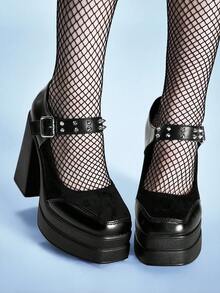Sugerpunk Fashion Women's Platform High-Heeled Shoes, Punk Style Gothic Buckle With Inlaid Rivets Decoration, Classic Sexy Suitable For Parties, Nightclub Fall Shoes - Dark Night - View 1
