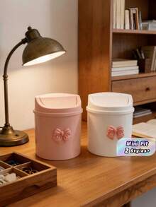 1pc Mini Desktop Trash Can With Lid + Bow Decoration, Plastic Swivel-Top Waste Basket, Non-Electric Cylindrical Trash Can Suitable For Home, Office, Kitchen, Bedroom Vanity, Daily Necessities - multicolor - View 1