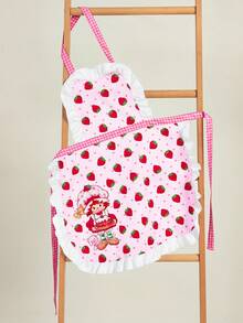 Strawberry Shortcake X SHEIN 1pc Cute Ruffled Strawberry Print Half Apron, Suitable For Cooking And Baking, Creative Gift - Pink - View 4