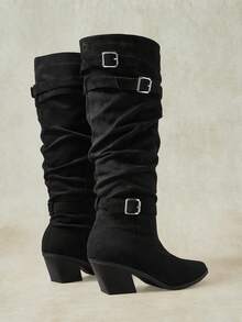 Styleloop Frosted-Faced Pointed-Toed Diagonal-Heeled High Boots Retro Punk Multi-Metallic Buckle Loose Calf Stacking Boots Fall Boots - Black - View 5