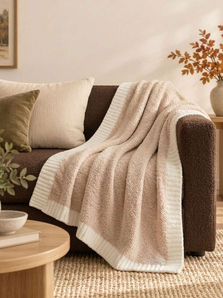 Cirelle Soft Knit Throw Blanket For Couch, Beige Cream Knit Blankets With White Ribbed Border, Warm Cozy Chunky Knit Throw Blanket For Sofa Bed Living Room Home Decor - Khaki - View 1