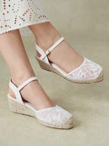 Styleloop 春夏休閒麻繩底米色蕾絲網眼踝帶女款斜跟厚底涼鞋，適合日常通勤、簡單度假旅行、田園風 - 白色 - 查看 6