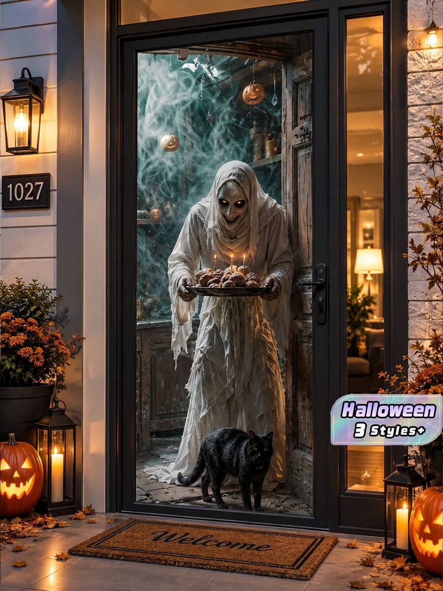 Halloween Door Curtain Decoration, Halloween Background Banner, Spooky Atmosphere Decor, Witch & Skull Door Cover - multicolor - View 1