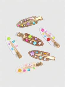 ROMWE Kawaii 6PCS Fashion Coffee DIY Rhinestone Hair Clips, Cute Flower & Star Sticker Decor Barrettes - coffee color - View 7