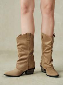 Styleloop Khaki Imitation Suede Pleated Flanged Western Cowboy Boots Pointed Toe Square Thick Heel Retro Stacked Medium Boots Autumn And Winter Fall Boots - Khaki - View 4