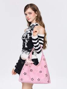 ROMWE Ladies Shoulder Bag, Y2K Sweet And Cool Spice Girl Star Hardware, Hollow Flower Pattern Design Hobo Bag, Suitable For Daily Commuting, Shopping Fashio - Pink - View 7