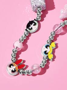 THE POWERPUFF GIRLS X SHEIN 時尚可愛卡通粉色手工串珠手機吊繩 鋅合金手機鏈 手機配件 手機吊飾珠寶 糖果色 - 彩色 - 查看 3