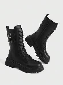 Sugerpunk Dark Rock Punk Goth Boots Lace-Up Rider Boots Low Heel Side Zipper Motorcycle Boots Ladies Boots And Boots Fall Shoes - Black/Medium Cylinder - View 5