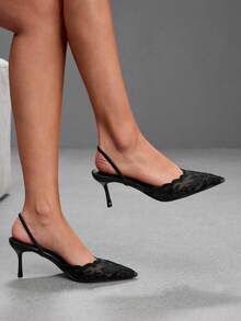 CUCCOO SZL Women's Black Floral Lace Wavy Edge Glitter Strap Pointed Toe Stiletto Heel Mule Slippers Fall Shoes - Black - View 3