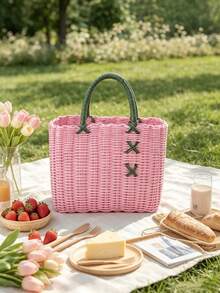 Shopping Handbag Woven Outdoor Oval Storage Basket Shaped Bathroom Wash Basket Storage, Shelf Baskets - Multicolor - View 6