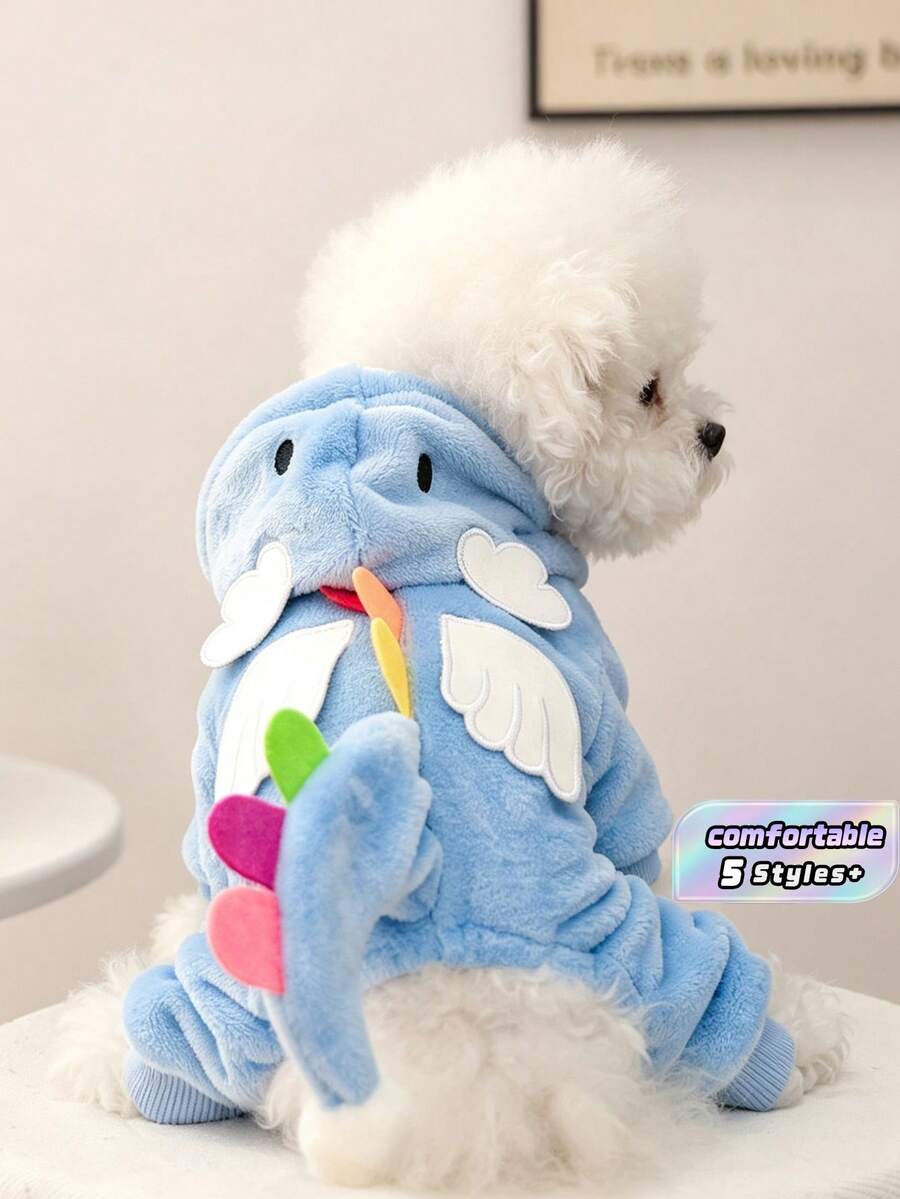1件裝寵物怪獸變身造型服,毛絨連帽四足保暖套裝,附翅膀與彩虹角,適合小型幼犬、狗狗與貓咪,秋冬寵物衣服 - 天使龍 - 查看 1