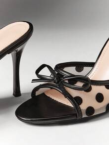 SHEIN SHUZIA Women's Chic Polka Dot Bow Mesh Stiletto Mule Heels - Black - View 7