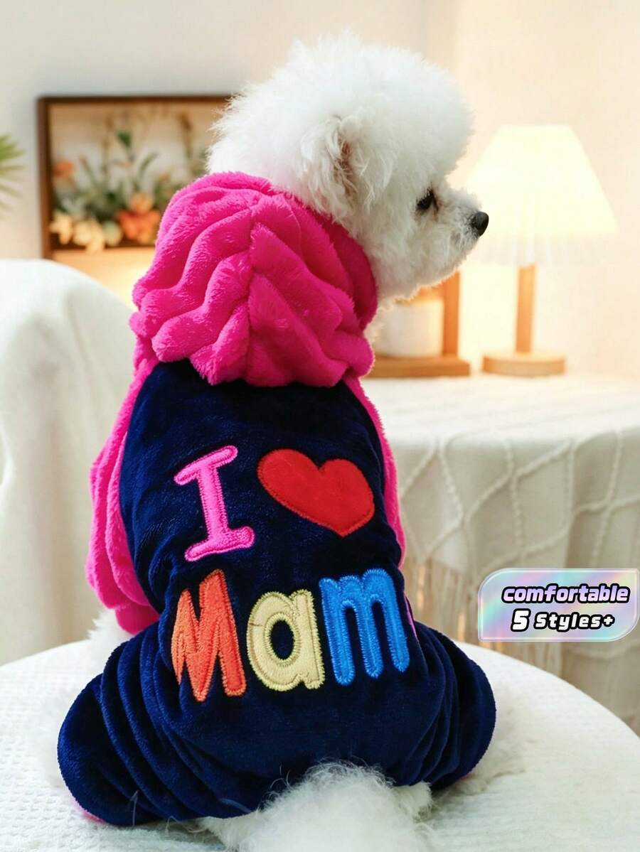 1件裝寵物連帽抓絨衛衣,刺繡「I Love Mom」保暖小狗貓咪秋冬寵物衣服 - 我愛爸媽 - 查看 1