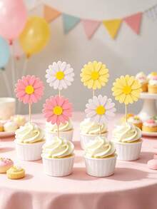 6/12pcs Daisy Cupcake Toppers, Pink Flower Cake Topper, Daisy Cake Decorations Toothpicks Chrysanthemum Cupcake Toppers, Spring Daisy Flower - Multicolor - View 6
