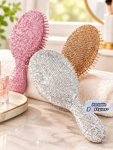 1pc Portable Luxury Rhinestone Mini Air Cushion Hair Brush, Scalp Massage Comb, Anti-Static Smooth Styling Brush, Makeup & Hairstyling Tool For Home And Travel - Multicolor - View 1