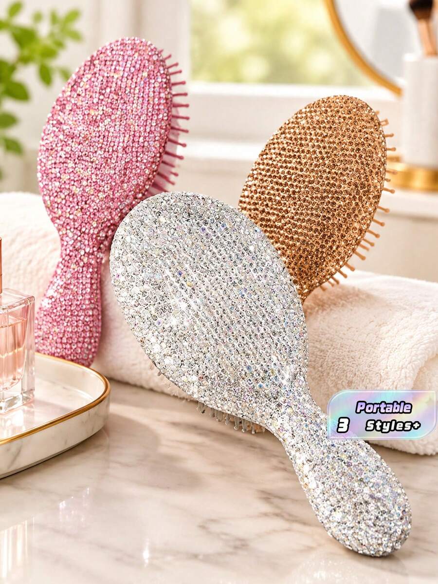 1pc Portable Luxury Rhinestone Mini Air Cushion Hair Brush, Scalp Massage Comb, Anti-Static Smooth Styling Brush, Makeup & Hairstyling Tool For Home And Travel - Multicolor - View 1