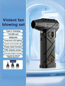 Teckwe 強勁便攜式壓縮空氣吹風機 130,000 RPM，重量輕，配備 4 段可調速渦輪風扇，LED 燈與 LED 顯示螢幕，高風量無刷馬達，附 2 顆 2000mAh 電池 - 均碼 - 查看 9