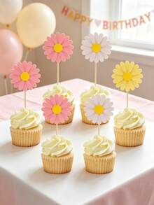 6/12pcs Daisy Cupcake Toppers, Pink Flower Cake Topper, Daisy Cake Decorations Toothpicks Chrysanthemum Cupcake Toppers, Spring Daisy Flower - Multicolor - View 9