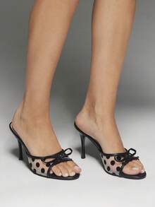 SHEIN SHUZIA Women's Chic Polka Dot Bow Mesh Stiletto Mule Heels - Black - View 2
