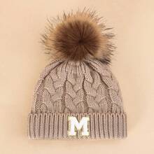 1PC Children's Apricot Hairball 26 Letters Cloth Patch Twist Knitted Autumn And Winter Cold Hat, Vertical Ribbed Flanged Autumn And Winter Pullover Ha - Apricot - View 46