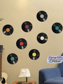 9.6 Inch Waterproof Vinyl Record Wall Decal, 2D Record Transfer Sticker, Retro DJ Music Record Pattern Paper Sticker For Bedroom Living Room Entry Home Decor - Multicolor - View 1