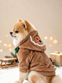 1Pc Pet Christmas Hooded Costume, Gingerbread Man & Santa Claus Design, Soft Plush Dog Cat Outfit For Small Pets Xmas Party Dress‑Up - Gingerbread Man - View 8