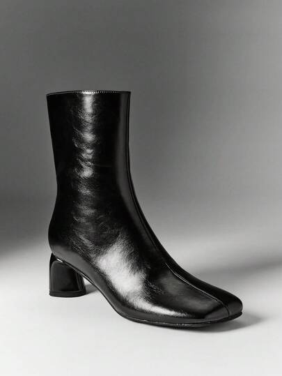 SHEIN SHUZIA Women's Black Square-Toe Chunky Heel Ankle Boots, Simple And Versatile Ankle Boots For Autumn Winter