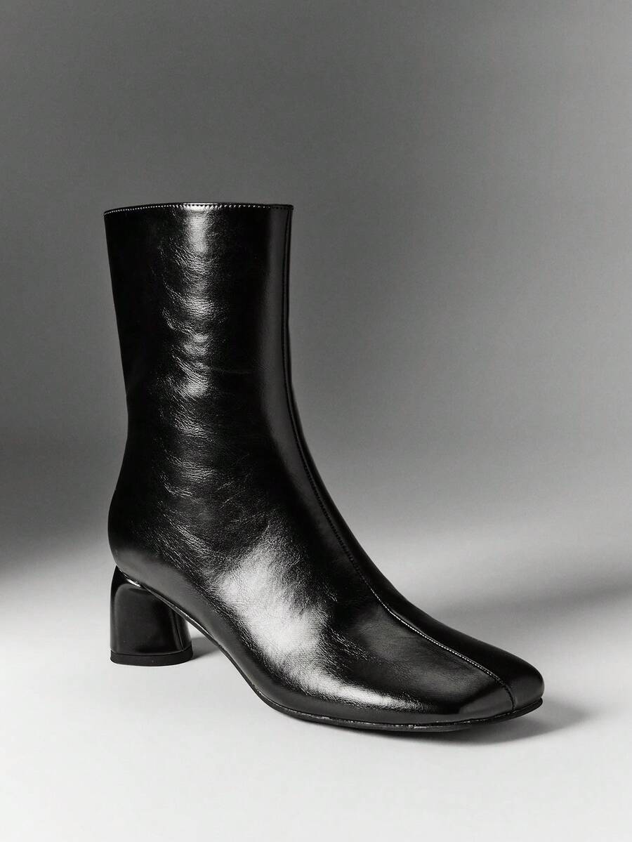 SHEIN SHUZIA Women's Black Square-Toe Chunky Heel Ankle Boots, Simple And Versatile Ankle Boots For Autumn Winter - Black - View 1