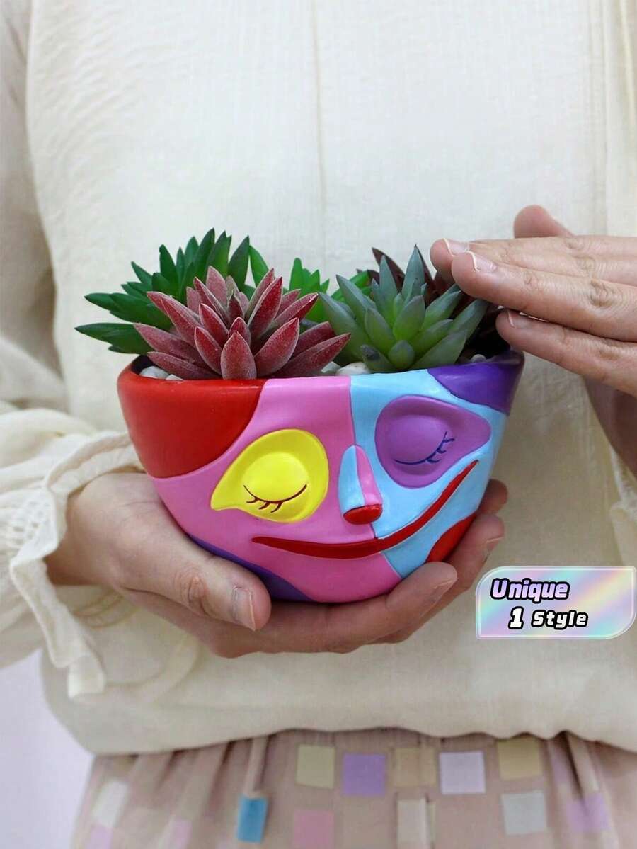 Charming Colorful Face Planter Pot, Unique Resin Succulent Pot With Drainage Hole, Indoor & Outdoor Home Decor, Ideal Valentine's Day Gift - A - View 1