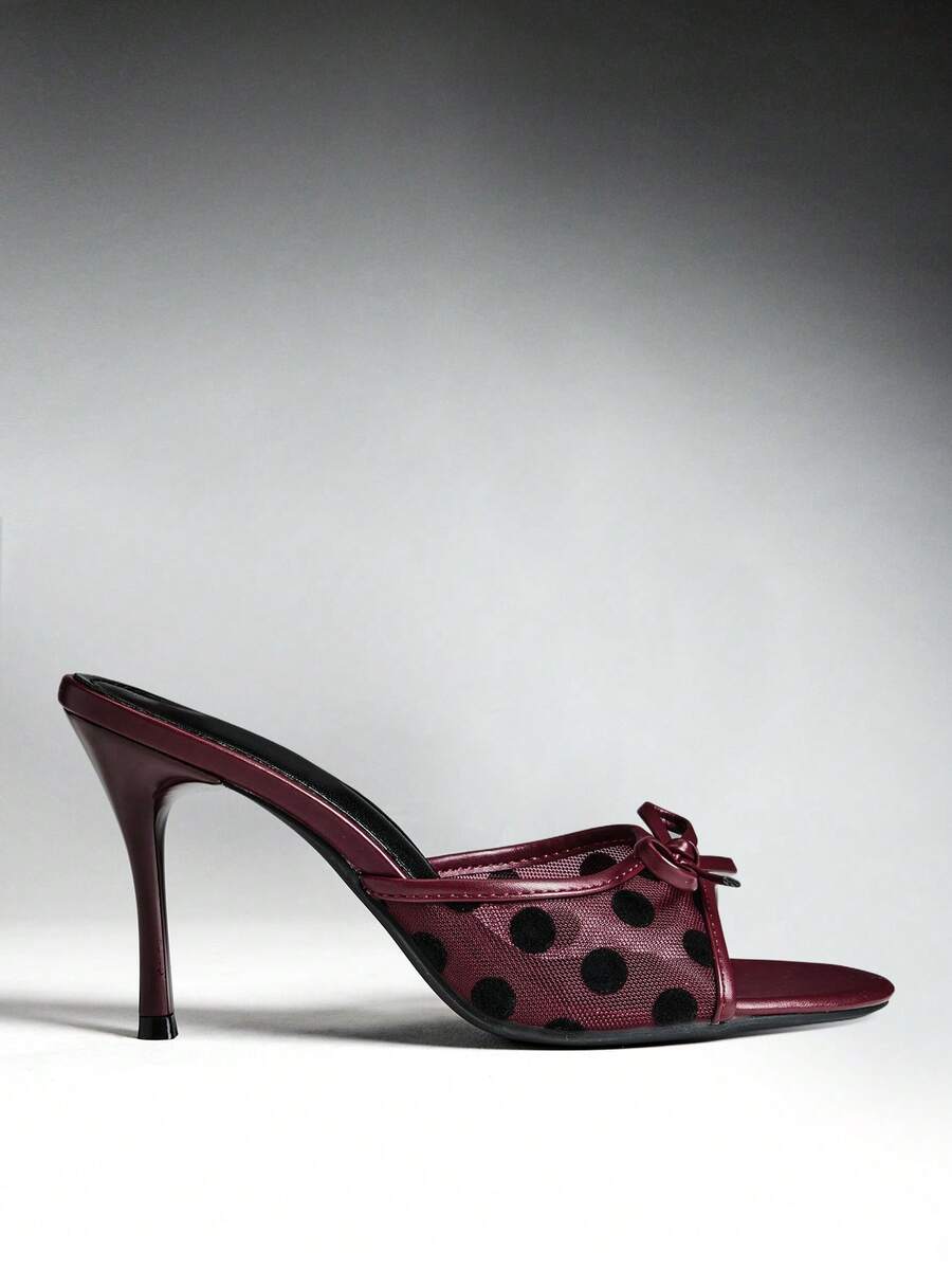SHEIN SHUZIA Women's Chic Polka Dot Bow Mesh Stiletto Mule Heels - Burgundy - View 1