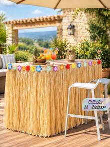 1pc Tropical Raffia Style Table Skirt With Colorful Flower Decor, Hawaiian Luau Beach Themed Party Table Surround, Summer Birthday Pool Party Table Decorations Supplies - Khaki - View 1