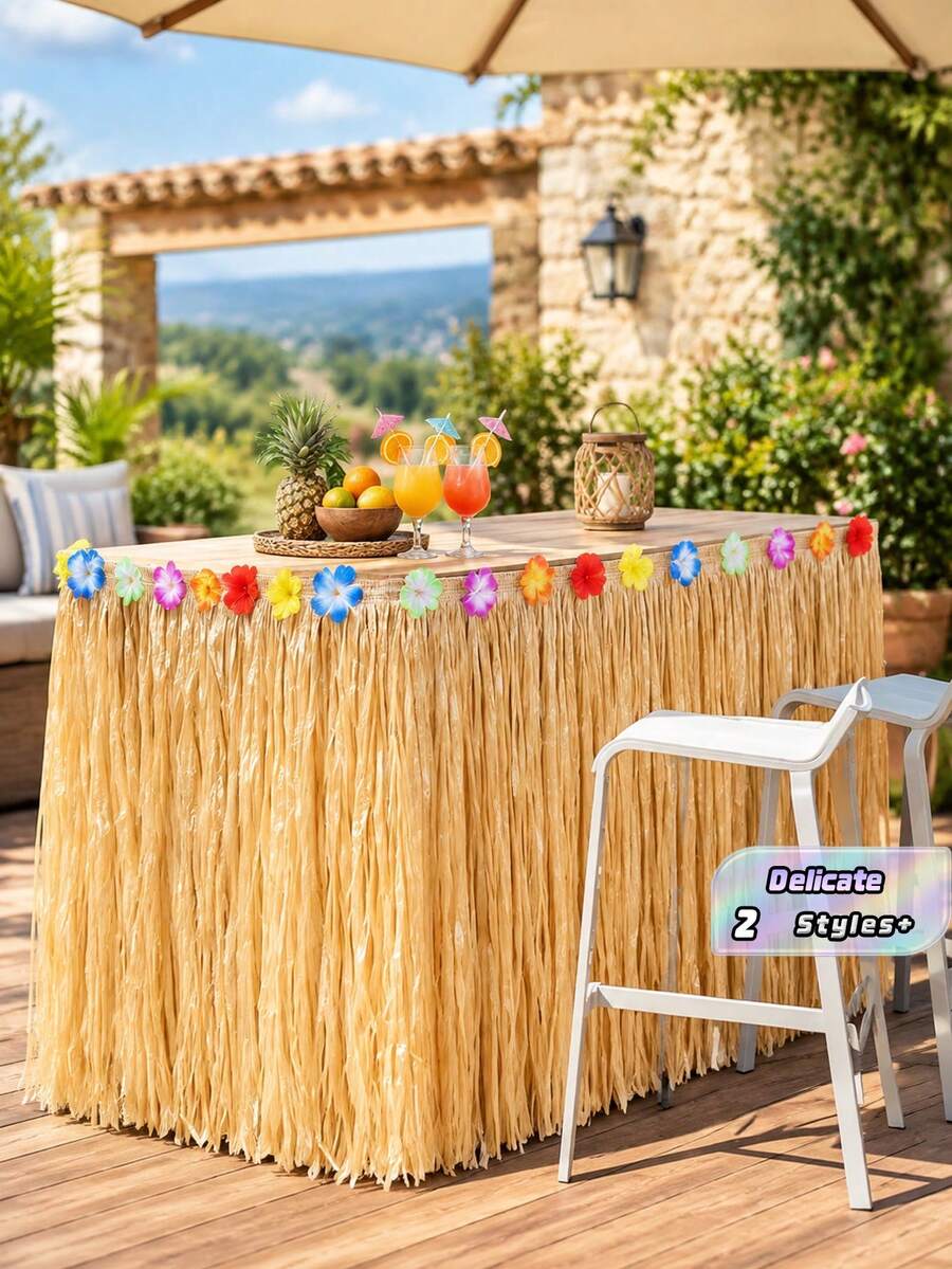 1pc Tropical Raffia Style Table Skirt With Colorful Flower Decor, Hawaiian Luau Beach Themed Party Table Surround, Summer Birthday Pool Party Table Decorations Supplies - Khaki - View 1