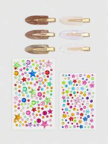 ROMWE Kawaii 6PCS Fashion Coffee DIY Rhinestone Hair Clips, Cute Flower & Star Sticker Decor Barrettes - coffee color - View 8