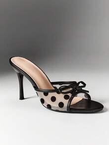 SHEIN SHUZIA Women's Chic Polka Dot Bow Mesh Stiletto Mule Heels - Black - View 5