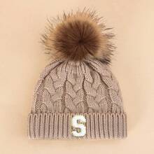 1PC Children's Apricot Hairball 26 Letters Cloth Patch Twist Knitted Autumn And Winter Cold Hat, Vertical Ribbed Flanged Autumn And Winter Pullover Ha - Apricot - View 43
