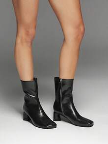 SHEIN SHUZIA Women's Black Square-Toe Chunky Heel Ankle Boots, Simple And Versatile Ankle Boots For Autumn Winter - Black - View 4
